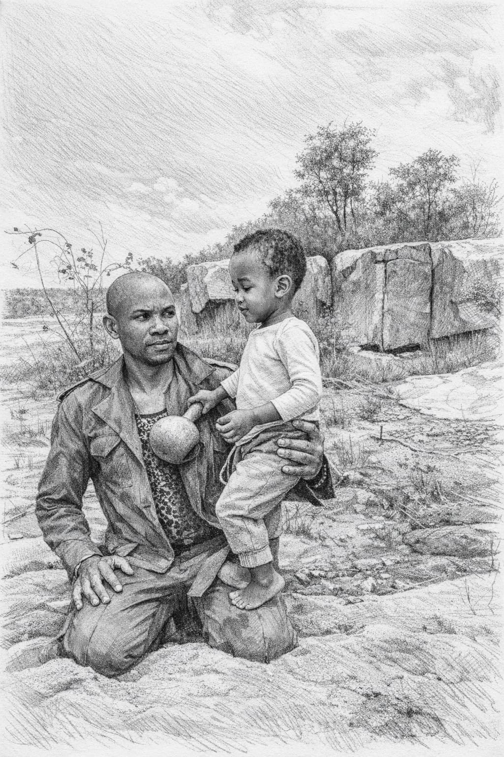 Father kneeling, holding his child